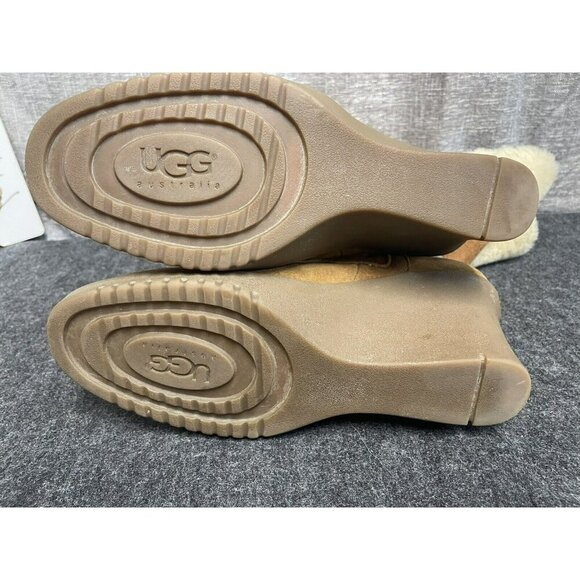 UGG Sandra Knee High Wedge Boots Women 9 Brown Leather Shearling Lined Fold Down - Picture 10 of 16